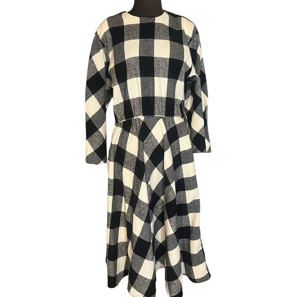 Vtg Black White Buffalo Check Plaid Wool Rustic Academia Modest Midi Dress M